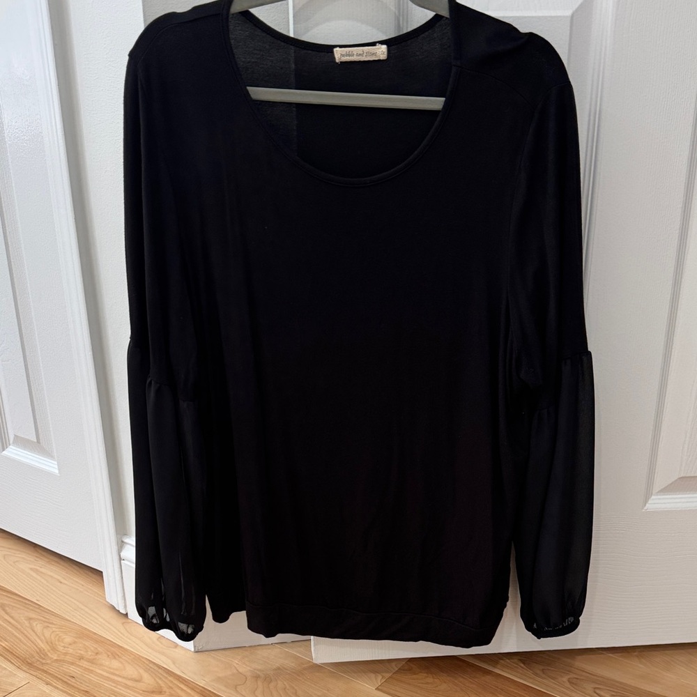 Pebble and Stone Black Long Sleeve Blouse with Sheer Sleeves 1x